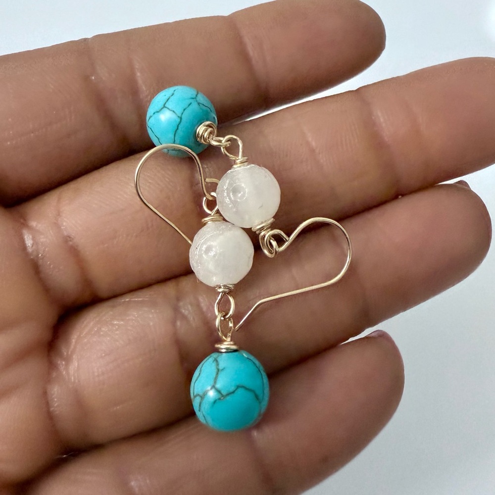 Gold-Filled Carved White Agate & Turquoise Dangle Earrings